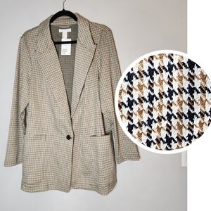 NWT H&M Blazer Houndstooth Plaid Brown Black Single Button Stretch Drape Sz 18